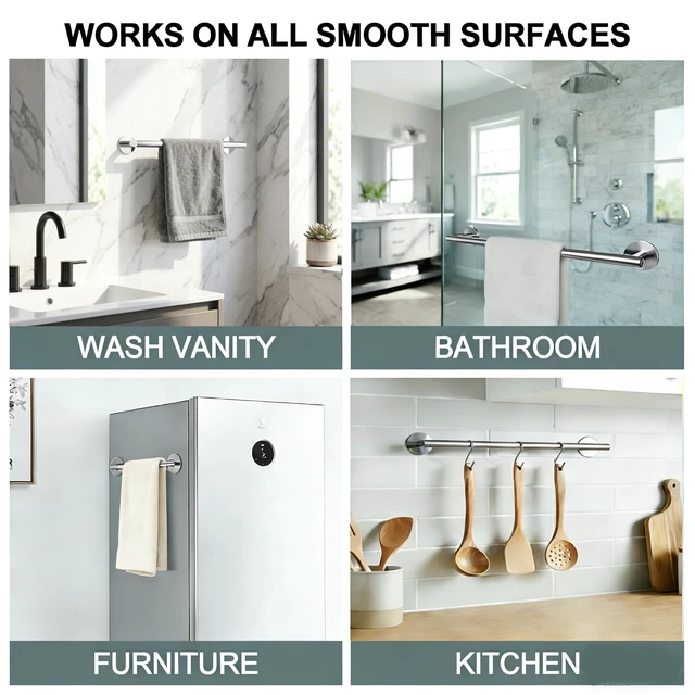 Alt view image 7 of 7 - 3M Towel Bar, 24 Inch #304SS Chrome No Drill Self Adhesive Bathroom Towel Rod Wall Mounted