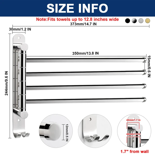 Alt view image 2 of 7 - Swivel Towel Rack, 13.8" Thicken 304 Stainless Steel 4-Arm Towel Bar, Space Saving Wall Mounted Towel Holder with Hook, Rustproof Swing Out Towel Hanger for Bathroom, Kitchen (Chrome Finish)