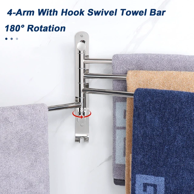 Alt view image 3 of 7 - Swivel Towel Rack, 13.8" Thicken 304 Stainless Steel 4-Arm Towel Bar, Space Saving Wall Mounted Towel Holder with Hook, Rustproof Swing Out Towel Hanger for Bathroom, Kitchen (Chrome Finish)