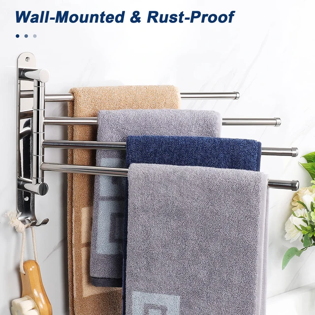 Alt view image 4 of 7 - Swivel Towel Rack, 13.8" Thicken 304 Stainless Steel 4-Arm Towel Bar, Space Saving Wall Mounted Towel Holder with Hook, Rustproof Swing Out Towel Hanger for Bathroom, Kitchen (Chrome Finish)
