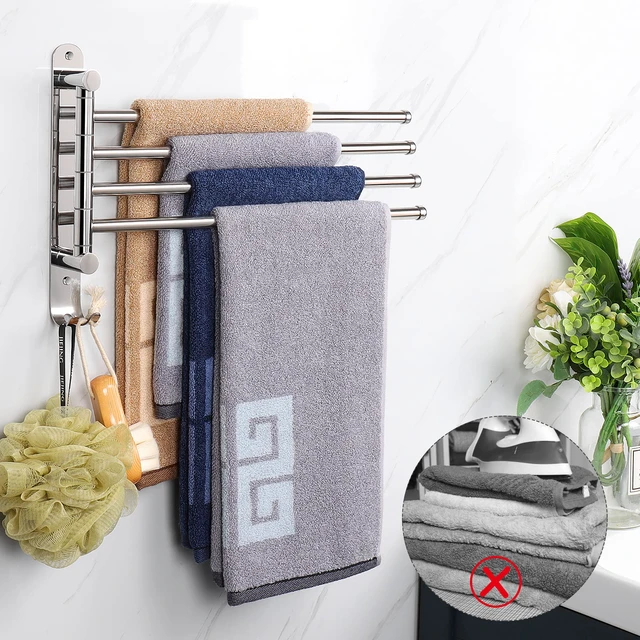 Alt view image 6 of 7 - Swivel Towel Rack, 13.8" Thicken 304 Stainless Steel 4-Arm Towel Bar, Space Saving Wall Mounted Towel Holder with Hook, Rustproof Swing Out Towel Hanger for Bathroom, Kitchen (Chrome Finish)