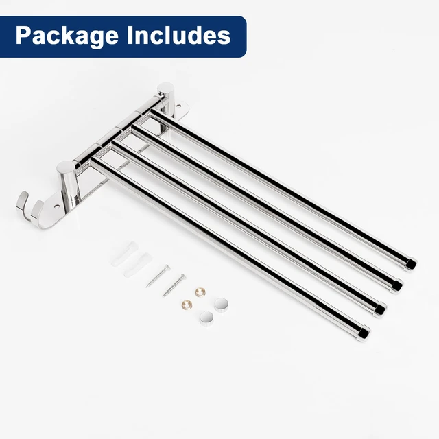 Alt view image 7 of 7 - Swivel Towel Rack, 13.8" Thicken 304 Stainless Steel 4-Arm Towel Bar, Space Saving Wall Mounted Towel Holder with Hook, Rustproof Swing Out Towel Hanger for Bathroom, Kitchen (Chrome Finish)