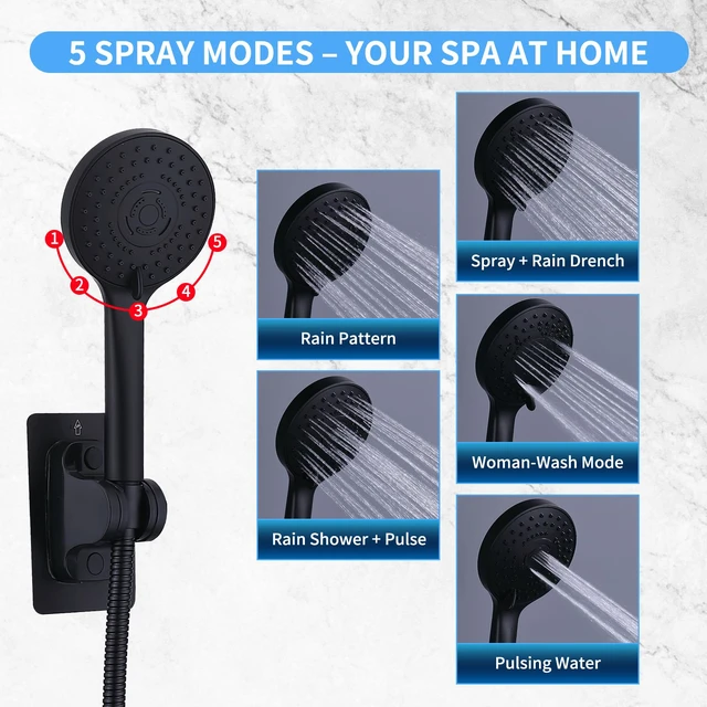 Alt view image 4 of 7 - Peicuai Shower Head Combo, 10-Inch High-Pressure Rainfall Shower Head with 11-Inch Adjustable Extension Arm, 5-Setting Matte Black Handheld Shower with Long Hose, Powerful Spray for Low Water Pressure