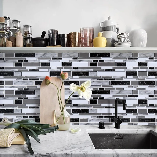 Alt view image 3 of 7 - Kitchen Wallpaper Peel and Stick for Bathroom 11.8inch x 393.7inch Kitchen Contact Paper Backsplash Tiles Wallpaper Peel and Stick Waterproof Countertop Wallpaper for Bathroom Cabinet Vinyl