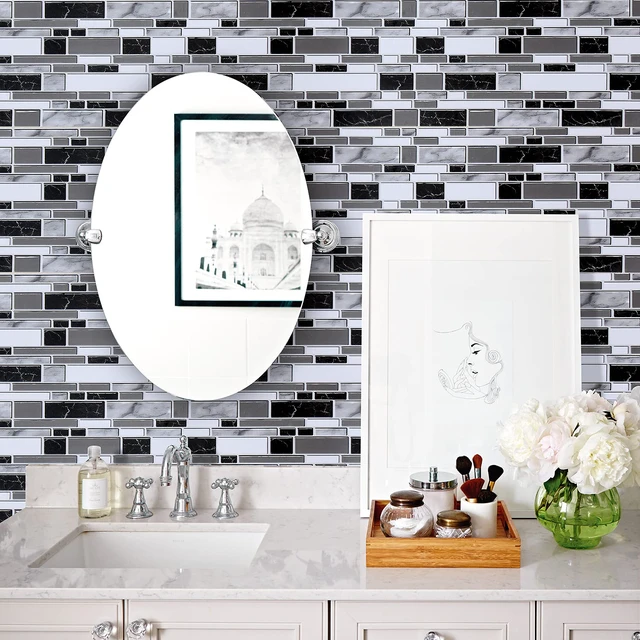 Alt view image 2 of 7 - Kitchen Wallpaper Peel and Stick for Bathroom 11.8inch x 393.7inch Kitchen Contact Paper Backsplash Tiles Wallpaper Peel and Stick Waterproof Countertop Wallpaper for Bathroom Cabinet Vinyl