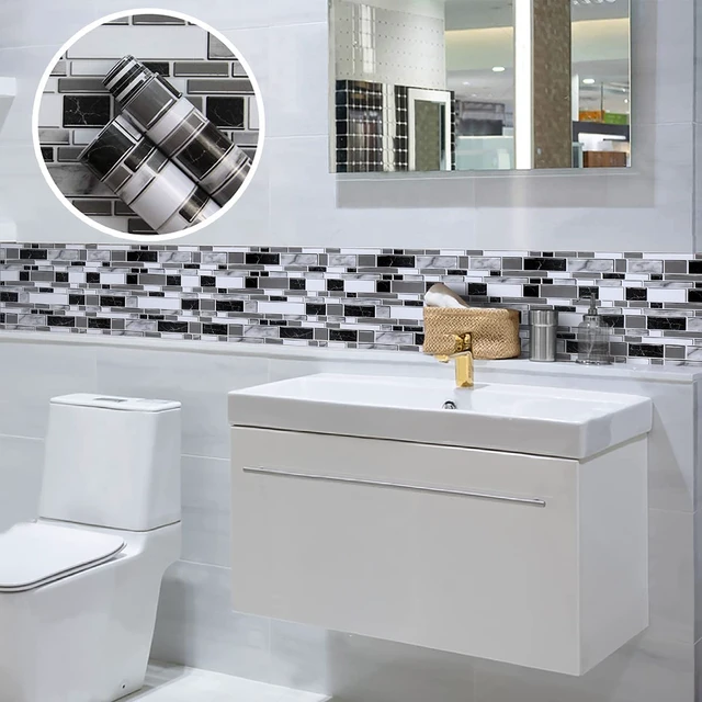 Alt view image 6 of 7 - Kitchen Wallpaper Peel and Stick for Bathroom 11.8inch x 393.7inch Kitchen Contact Paper Backsplash Tiles Wallpaper Peel and Stick Waterproof Countertop Wallpaper for Bathroom Cabinet Vinyl