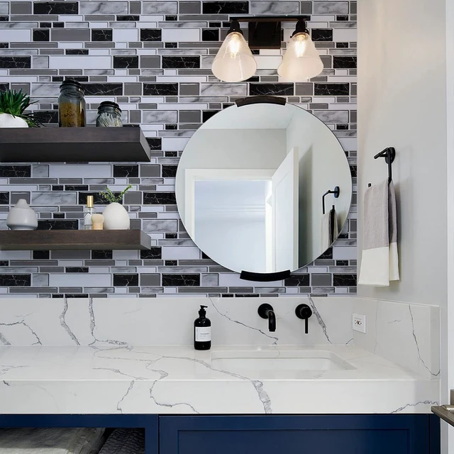 Alt view image 7 of 7 - Kitchen Wallpaper Peel and Stick for Bathroom 11.8inch x 393.7inch Kitchen Contact Paper Backsplash Tiles Wallpaper Peel and Stick Waterproof Countertop Wallpaper for Bathroom Cabinet Vinyl