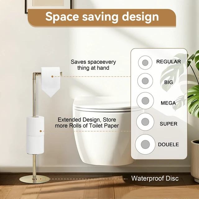 Alt view image 3 of 7 - Freestanding Toilet Paper Holder, Tissue Holder On Floor with Reserve Storage Paper Rolls, Roll Paper Holder Standing On Floor (Polished Gold)