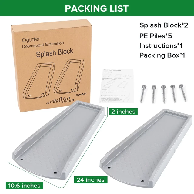 Alt view image 6 of 6 - Splash Blocks for Gutters Downspouts, 24" Downspout Extensions for Rain Water Drainage, Thickened Gutter Splash Guard with Fixing Piles(2 Pack, Gray)
