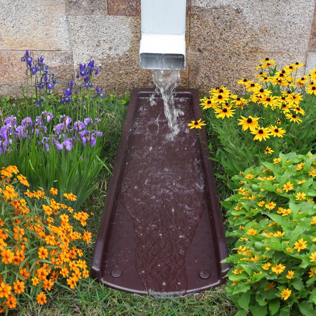 Alt view image 5 of 6 - Splash Blocks for Gutters Downspouts, 24" Downspout Extensions for Rain Water Drainage, Thickened Gutter Splash Guard with Fixing Piles(2 Pack, Brown)