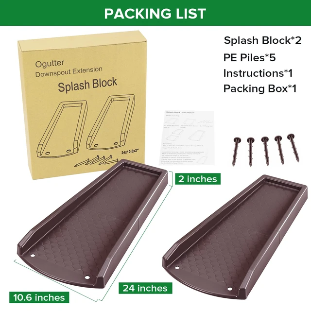 Alt view image 6 of 6 - Splash Blocks for Gutters Downspouts, 24" Downspout Extensions for Rain Water Drainage, Thickened Gutter Splash Guard with Fixing Piles(2 Pack, Brown)