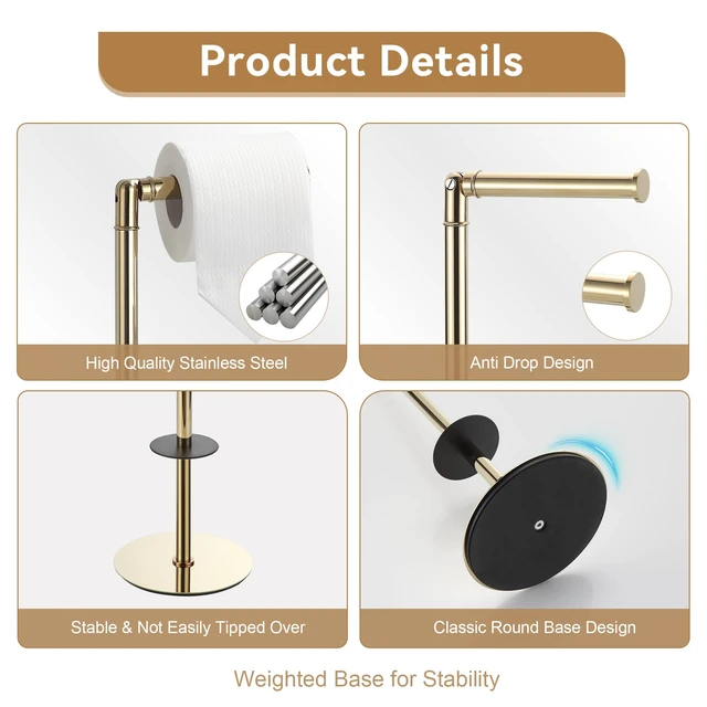 Alt view image 5 of 7 - Freestanding Toilet Paper Holder, Tissue Holder On Floor with Reserve Storage Paper Rolls, Roll Paper Holder Standing On Floor (Polished Gold)