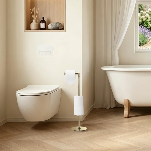 Alt view image 7 of 7 - Freestanding Toilet Paper Holder, Tissue Holder On Floor with Reserve Storage Paper Rolls, Roll Paper Holder Standing On Floor (Polished Gold)