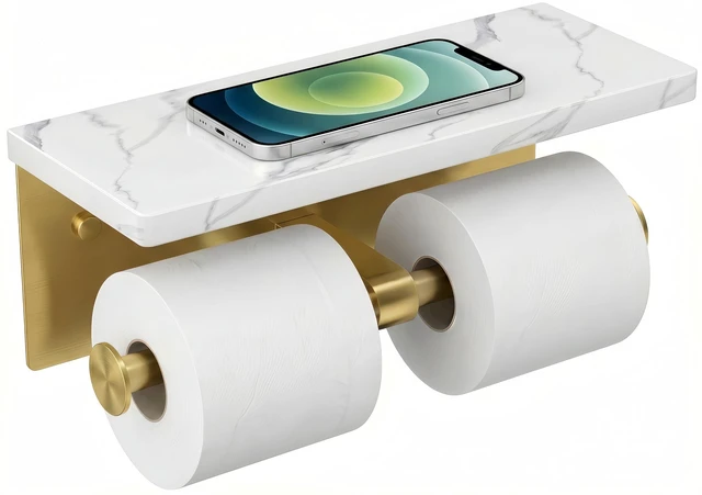 Main image of Double Marble Toilet Paper Holder with Phone Shelf, Commercial Brushed Gold Wall Mount 304 Stainless Steel Bathroom Tissue Roll Dispenser, Modern Heavy Duty Washroom Paper Storage