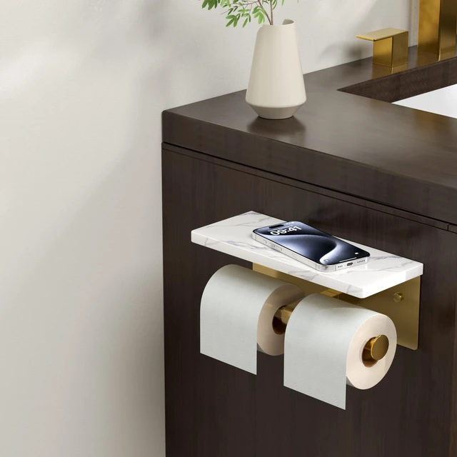 Alt view image 2 of 7 - Double Marble Toilet Paper Holder with Phone Shelf, Commercial Brushed Gold Wall Mount 304 Stainless Steel Bathroom Tissue Roll Dispenser, Modern Heavy Duty Washroom Paper Storage
