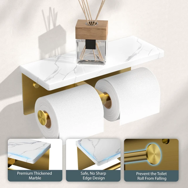 Alt view image 5 of 7 - Double Marble Toilet Paper Holder with Phone Shelf, Commercial Brushed Gold Wall Mount 304 Stainless Steel Bathroom Tissue Roll Dispenser, Modern Heavy Duty Washroom Paper Storage