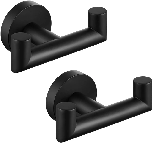 Main image of Double Towel Hooks for Bathroom, 2 Pack Robe Hook, Matte Black Solid Rustproof SUS304 Stainless Steel, Hand Towel Robe Coat Holder for Shower Closet Entryway Kitchen, Screws Mount