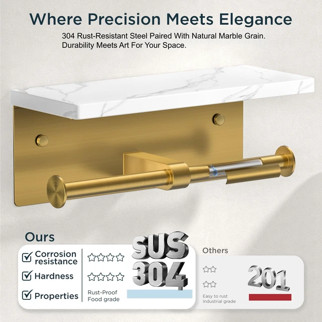 Alt view image 4 of 7 - Double Marble Toilet Paper Holder with Phone Shelf, Commercial Brushed Gold Wall Mount 304 Stainless Steel Bathroom Tissue Roll Dispenser, Modern Heavy Duty Washroom Paper Storage
