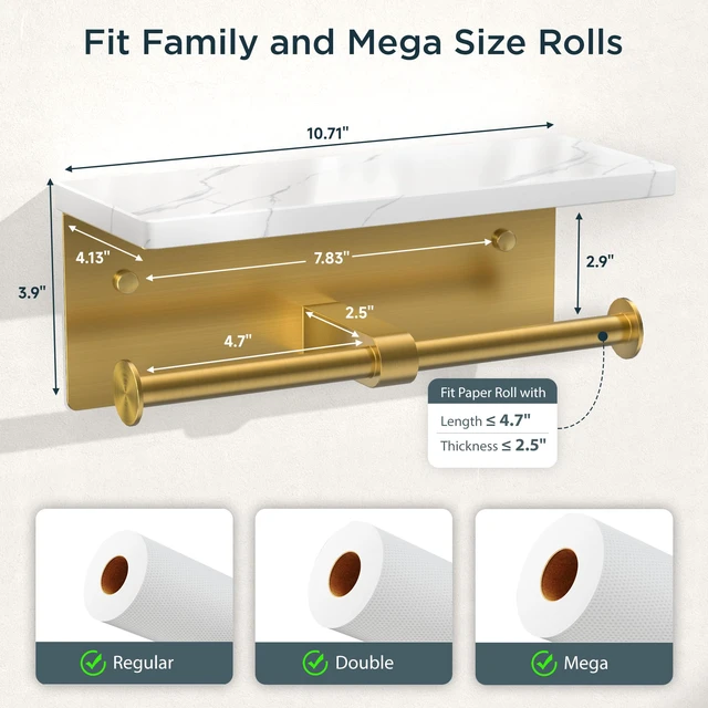 Alt view image 7 of 7 - Double Marble Toilet Paper Holder with Phone Shelf, Commercial Brushed Gold Wall Mount 304 Stainless Steel Bathroom Tissue Roll Dispenser, Modern Heavy Duty Washroom Paper Storage