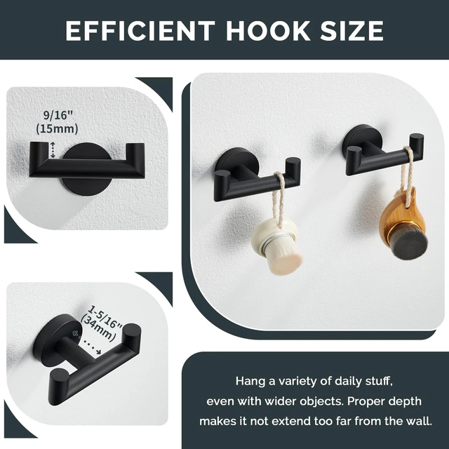 Alt view image 3 of 7 - Double Towel Hooks for Bathroom, 2 Pack Robe Hook, Matte Black Solid Rustproof SUS304 Stainless Steel, Hand Towel Robe Coat Holder for Shower Closet Entryway Kitchen, Screws Mount