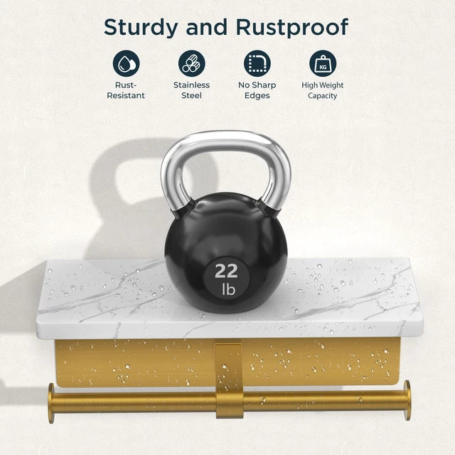 Alt view image 3 of 7 - Double Marble Toilet Paper Holder with Phone Shelf, Commercial Brushed Gold Wall Mount 304 Stainless Steel Bathroom Tissue Roll Dispenser, Modern Heavy Duty Washroom Paper Storage