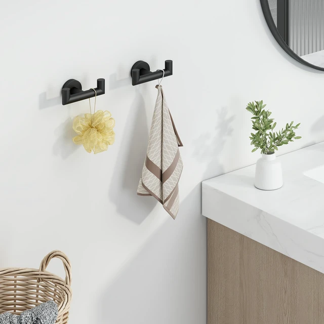 Alt view image 2 of 7 - Double Towel Hooks for Bathroom, 2 Pack Robe Hook, Matte Black Solid Rustproof SUS304 Stainless Steel, Hand Towel Robe Coat Holder for Shower Closet Entryway Kitchen, Screws Mount