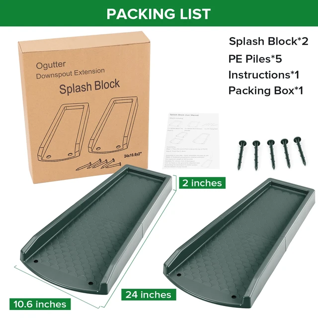 Alt view image 6 of 6 - Splash Blocks for Gutters Downspouts, 24" Downspout Extensions for Rain Water Drainage, Thickened Gutter Splash Guard with Fixing Piles(2 Pack, Green)