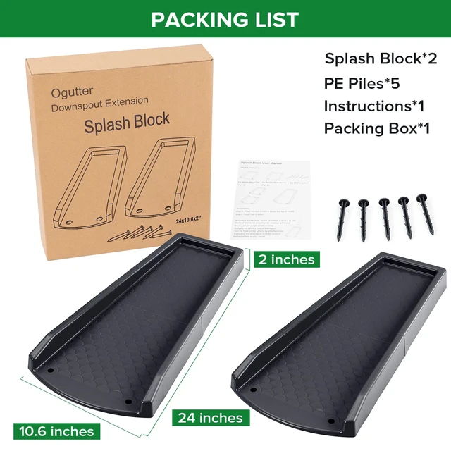 Alt view image 6 of 6 - Splash Blocks for Gutters Downspouts, 24" Downspout Extensions for Rain Water Drainage, Thickened Gutter Splash Guard with Fixing Piles(2 Pack, Black)