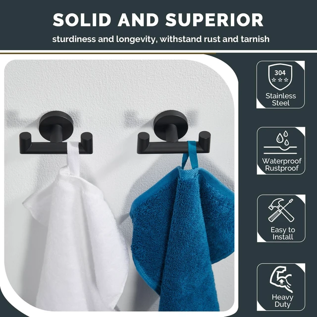 Alt view image 4 of 7 - Double Towel Hooks for Bathroom, 2 Pack Robe Hook, Matte Black Solid Rustproof SUS304 Stainless Steel, Hand Towel Robe Coat Holder for Shower Closet Entryway Kitchen, Screws Mount