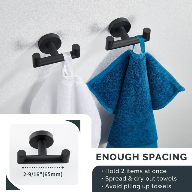 Alt view image 5 of 7 - Double Towel Hooks for Bathroom, 2 Pack Robe Hook, Matte Black Solid Rustproof SUS304 Stainless Steel, Hand Towel Robe Coat Holder for Shower Closet Entryway Kitchen, Screws Mount