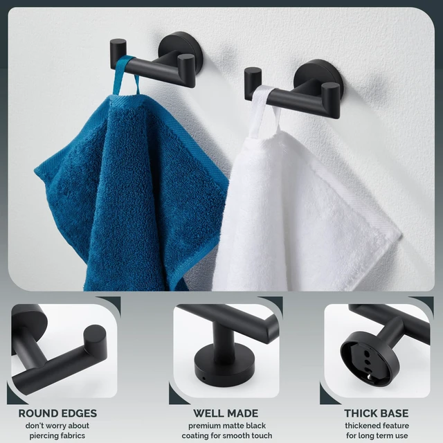 Alt view image 6 of 7 - Double Towel Hooks for Bathroom, 2 Pack Robe Hook, Matte Black Solid Rustproof SUS304 Stainless Steel, Hand Towel Robe Coat Holder for Shower Closet Entryway Kitchen, Screws Mount