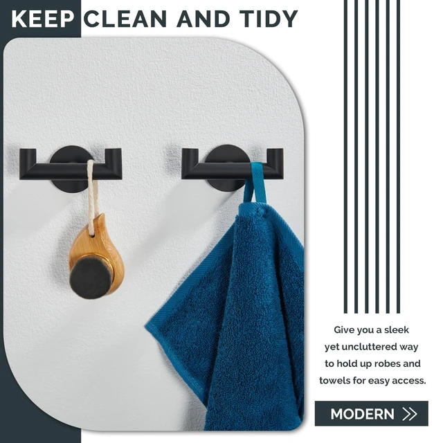 Alt view image 7 of 7 - Double Towel Hooks for Bathroom, 2 Pack Robe Hook, Matte Black Solid Rustproof SUS304 Stainless Steel, Hand Towel Robe Coat Holder for Shower Closet Entryway Kitchen, Screws Mount