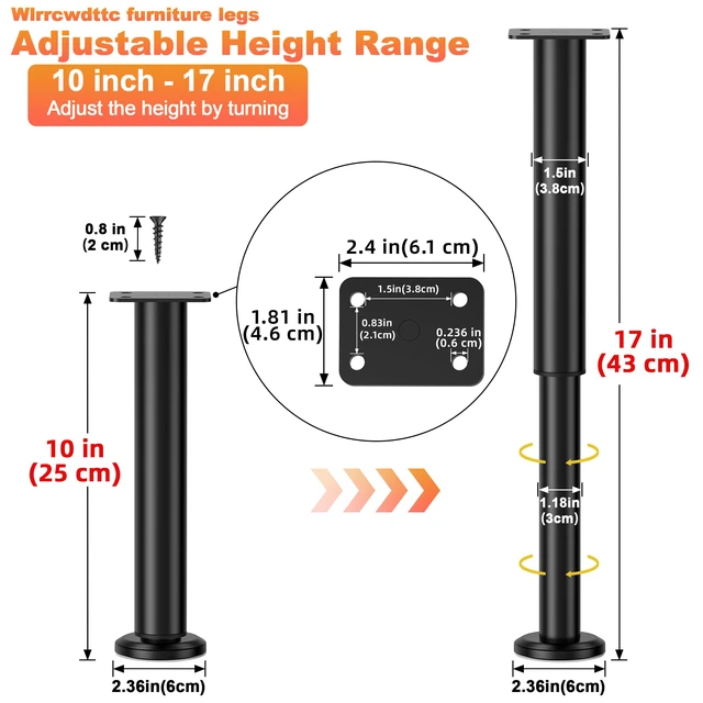 Alt view image 2 of 7 - 4 Pcs Adjustable Bed Center Support Legs 10-17 inch for Bed Frame/Bed Center Slat, Metal Adjustable Furniture Legs for Bed/Cabinet/Sofa/Dresser/Couch/Table,Heavy Duty Bed Replacement Legs