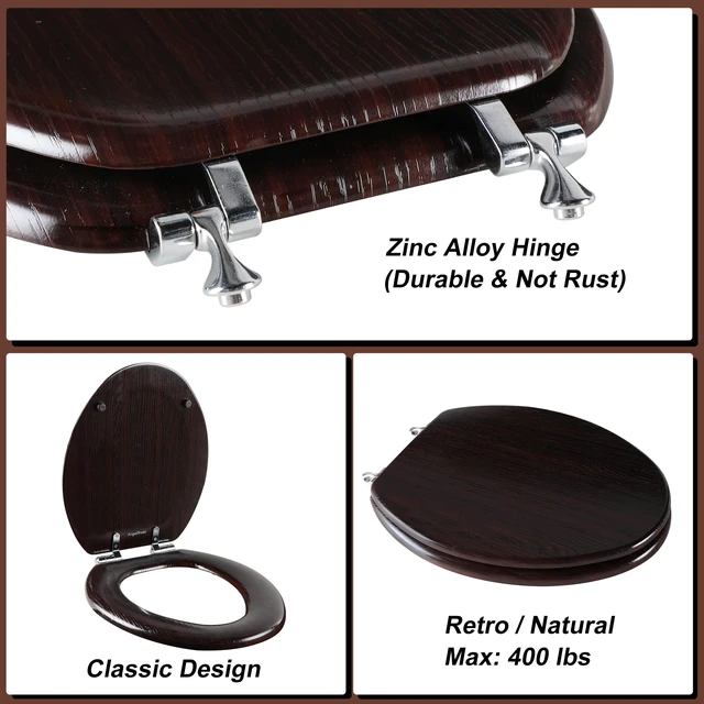 Alt view image 2 of 7 - Wood Toilet Seat with Zinc Alloy Hinges (Elongated, Dark Brown) Elongated Toilet Seat, Anti-Pinch Bumpers, Adjustable Hinges, Easy to Install and Clean