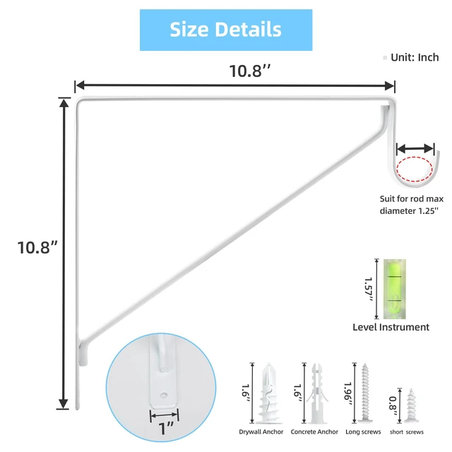 Alt view image 2 of 7 - 10-Pack Closet Rod Bracket, 10.8x10.8Inch Closet Shelf Brackets Heavy Duty Wall Mounted, Matte White Steel Closet Rod Support Brackets Holder, 300 Lbs Load Capacity with Anchors Screws