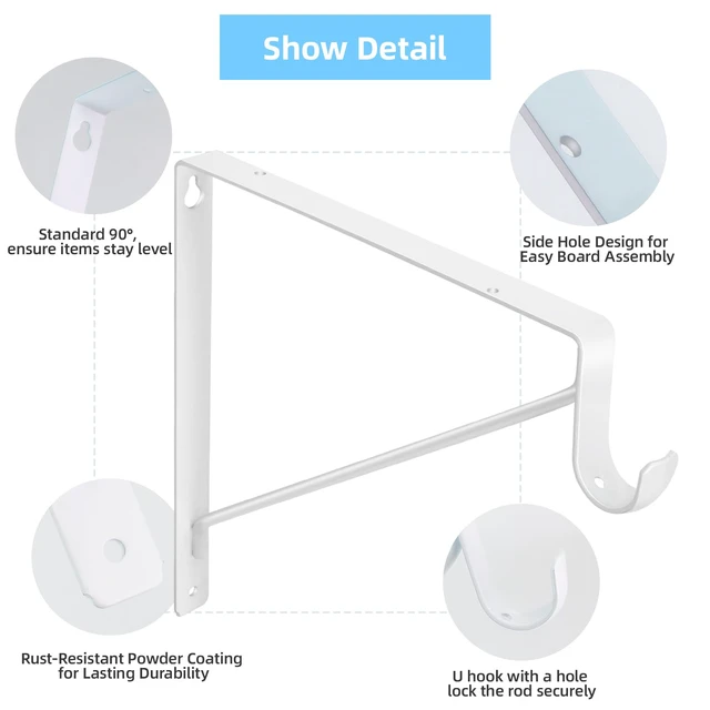 Alt view image 5 of 7 - 10-Pack Closet Rod Bracket, 10.8x10.8Inch Closet Shelf Brackets Heavy Duty Wall Mounted, Matte White Steel Closet Rod Support Brackets Holder, 300 Lbs Load Capacity with Anchors Screws
