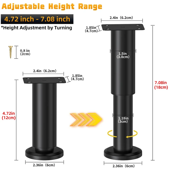 Alt view image 2 of 7 - 4 Pcs Metal Adjustable Furniture Legs 4.72-7.08 inch, Adjustable Cabinet Legs for Sofa/Bed/Chair/Couch/Dresser/Table,Heavy Duty Bed Replacement Support Legs for Bed Frame/Bed Center Slat