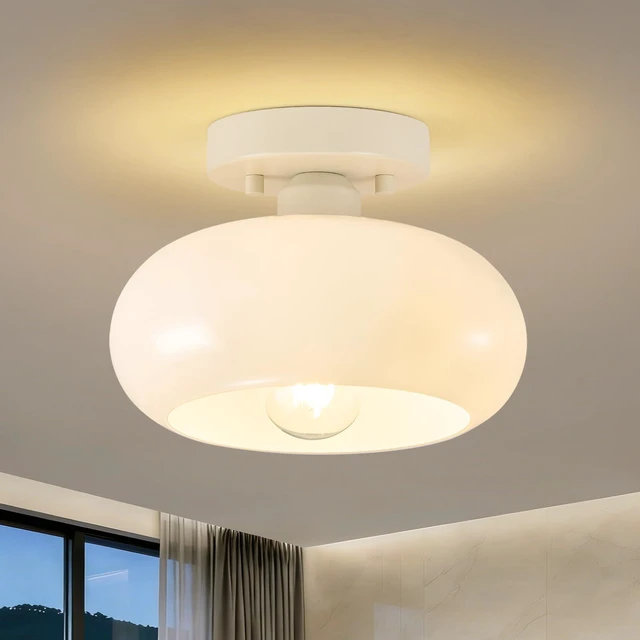 Main image of Mid-Century Modern Cream White Semi Flush Ceiling Light 8.66 Inch Mini White Glass Shade Close to Ceiling Lighting Fixture For Kitchen Entryway Hallway Bathroom Closet Bedroom Laundry Room