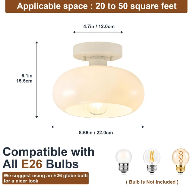 Alt view image 2 of 7 - Mid-Century Modern Cream White Semi Flush Ceiling Light 8.66 Inch Mini White Glass Shade Close to Ceiling Lighting Fixture For Kitchen Entryway Hallway Bathroom Closet Bedroom Laundry Room