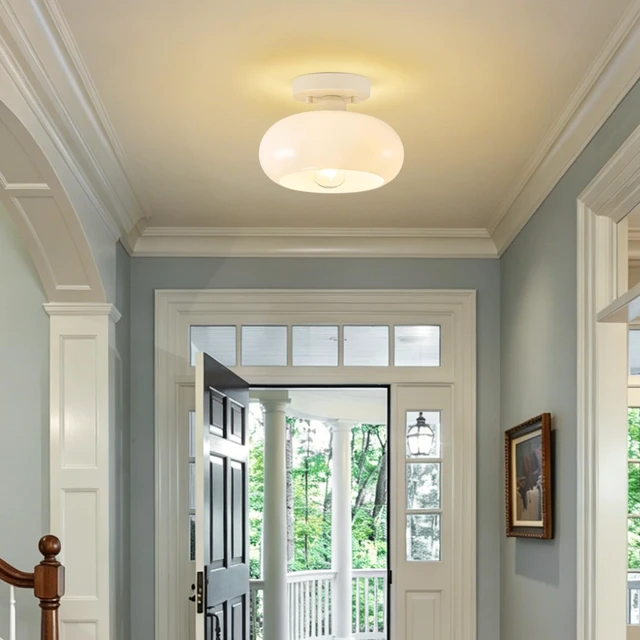 Alt view image 5 of 7 - Mid-Century Modern Cream White Semi Flush Ceiling Light 8.66 Inch Mini White Glass Shade Close to Ceiling Lighting Fixture For Kitchen Entryway Hallway Bathroom Closet Bedroom Laundry Room