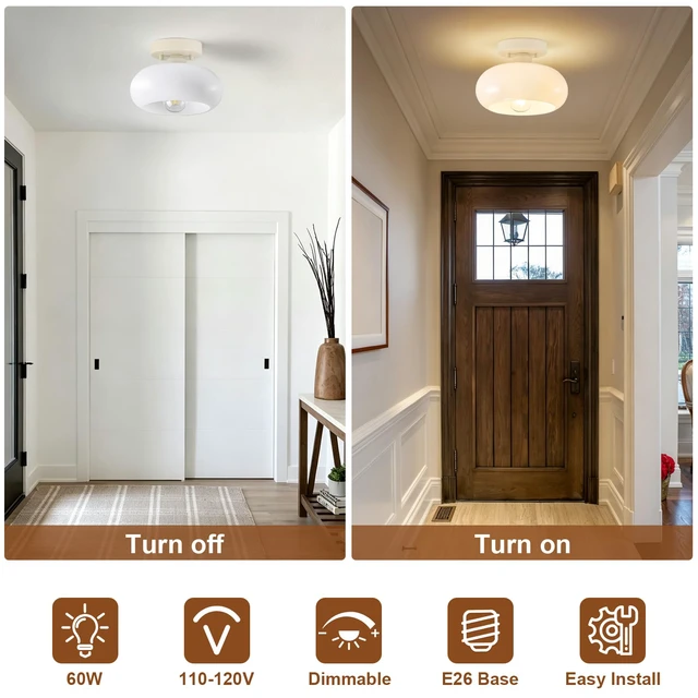 Alt view image 6 of 7 - Mid-Century Modern Cream White Semi Flush Ceiling Light 8.66 Inch Mini White Glass Shade Close to Ceiling Lighting Fixture For Kitchen Entryway Hallway Bathroom Closet Bedroom Laundry Room