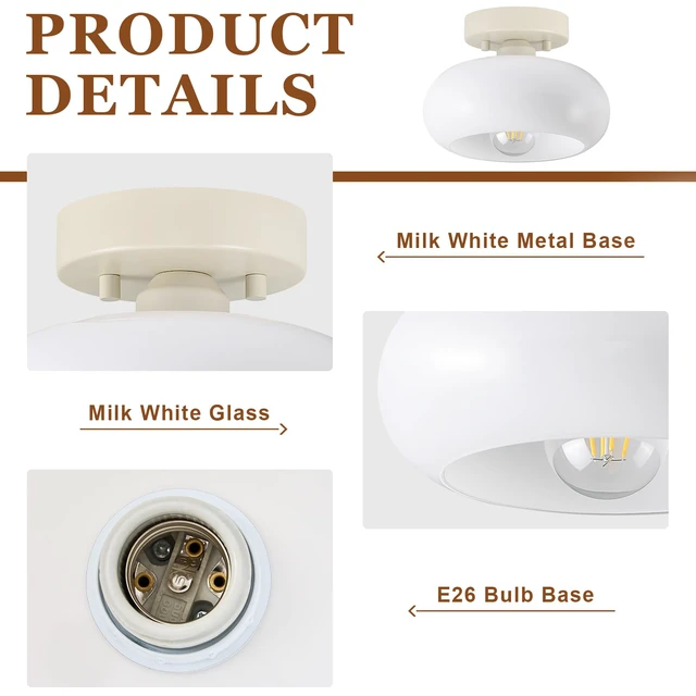 Alt view image 7 of 7 - Mid-Century Modern Cream White Semi Flush Ceiling Light 8.66 Inch Mini White Glass Shade Close to Ceiling Lighting Fixture For Kitchen Entryway Hallway Bathroom Closet Bedroom Laundry Room