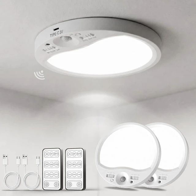 Main image of Motion Sensor Rechargeable Ceiling Light Indoor with Remote, 2 Pack Wireless LED Shower Light, 8000mAh Battery Long Lasting Closet Light, 3 Color Dimmable, Timer, No Wiring for Hallway Pantry