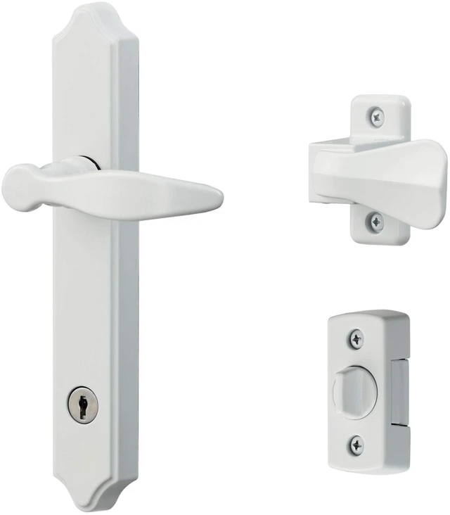 Main image of 1216 Surface Mount Storm Door Handle with Lock and Key for 1 1 ½ inches Thick Doors (White, 4-Posts)