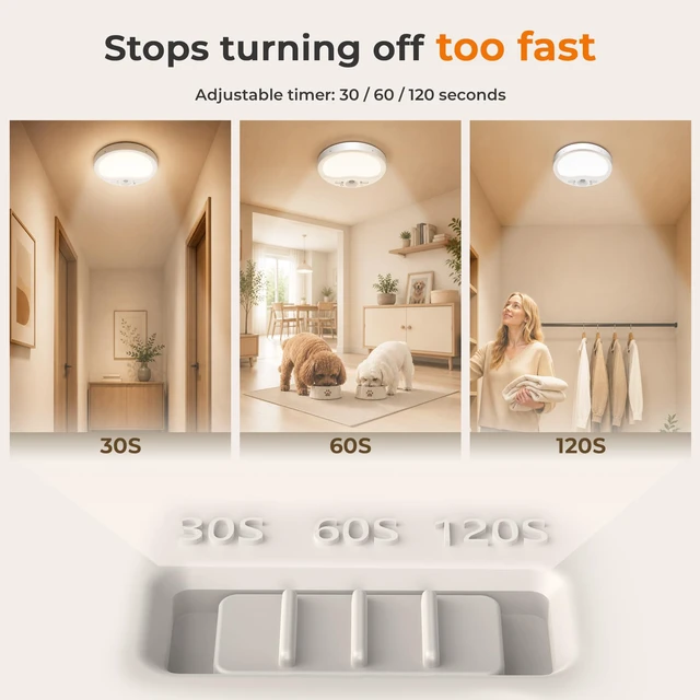 Alt view image 7 of 7 - Motion Sensor Rechargeable Ceiling Light Indoor with Remote, 2 Pack Wireless LED Shower Light, 8000mAh Battery Long Lasting Closet Light, 3 Color Dimmable, Timer, No Wiring for Hallway Pantry