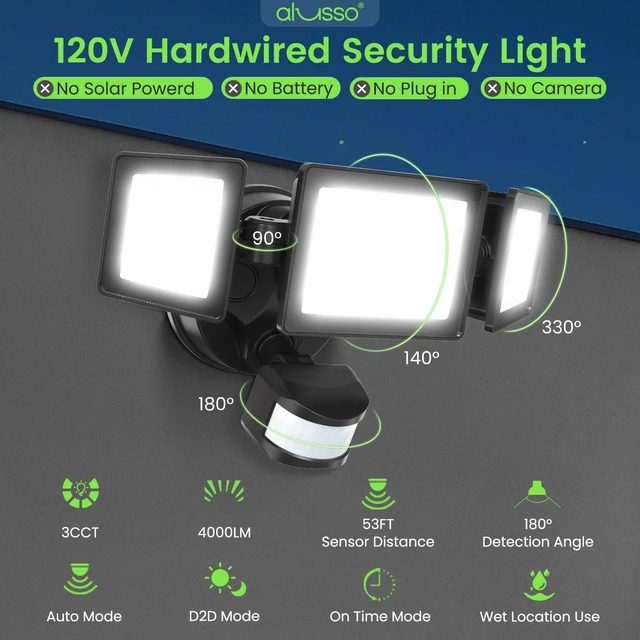 Alt view image 2 of 7 - Motion Sensor Outdoor Lights, 40W 4000LM Flood Lights Outdoor 120V 3CCT 3000K/4000K/6500K 3 Modes(Auto/Dusk to Dawn/On Time) Hardwired(Not Solar) Security Light for Garage Yard Porch,Black,ETL