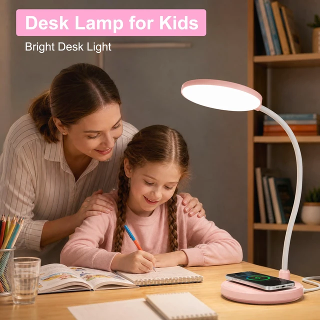 Alt view image 2 of 7 - Pink Desk Lamp, Cute Desk Lamp for Girls, Wireless Charger, Dorm 3 Color Modes, Stepless Dimming Desk Light, 360°Flexible Neck Table Lamp for Bedside Reading, Kids Room, with Adapter