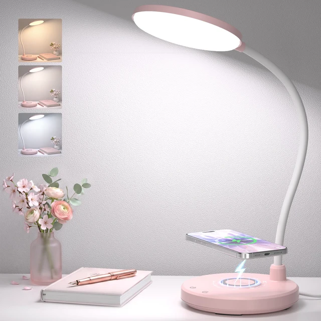 Main image of Pink Desk Lamp, Cute Desk Lamp for Girls, Wireless Charger, Dorm 3 Color Modes, Stepless Dimming Desk Light, 360°Flexible Neck Table Lamp for Bedside Reading, Kids Room, with Adapter