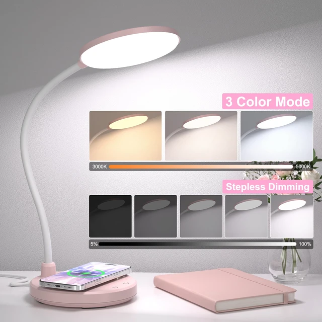 Alt view image 4 of 7 - Pink Desk Lamp, Cute Desk Lamp for Girls, Wireless Charger, Dorm 3 Color Modes, Stepless Dimming Desk Light, 360°Flexible Neck Table Lamp for Bedside Reading, Kids Room, with Adapter