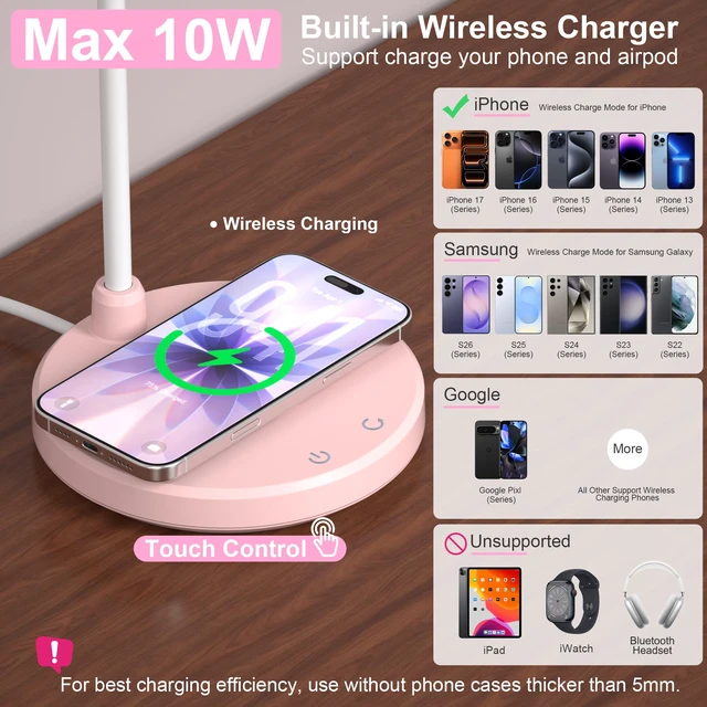Alt view image 3 of 7 - Pink Desk Lamp, Cute Desk Lamp for Girls, Wireless Charger, Dorm 3 Color Modes, Stepless Dimming Desk Light, 360°Flexible Neck Table Lamp for Bedside Reading, Kids Room, with Adapter